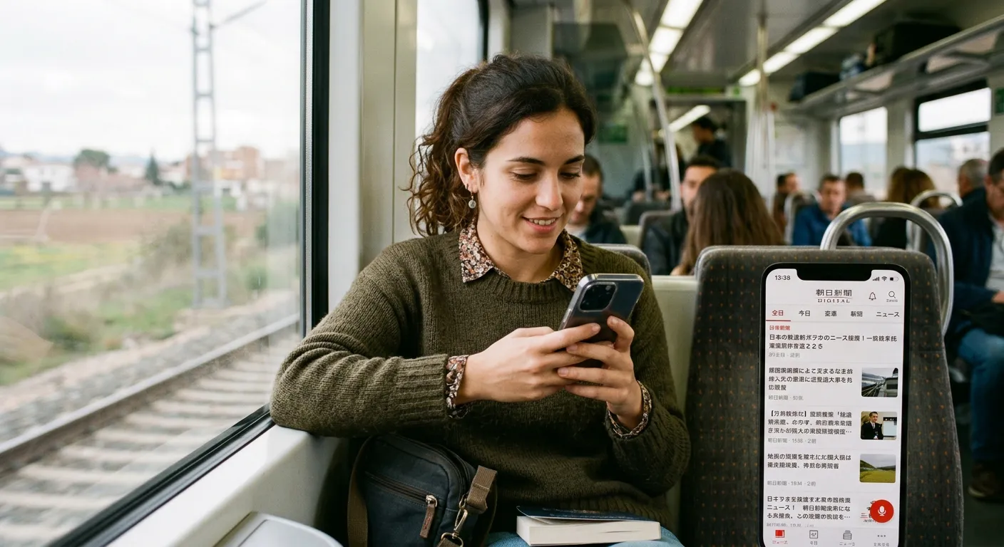 Joven castellana leyendo una app de noticias japonesas en el tren