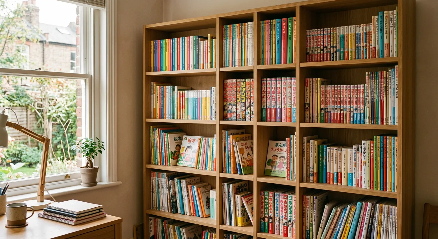 Estantería moderna con graded readers, manga y revistas japonesas de colores