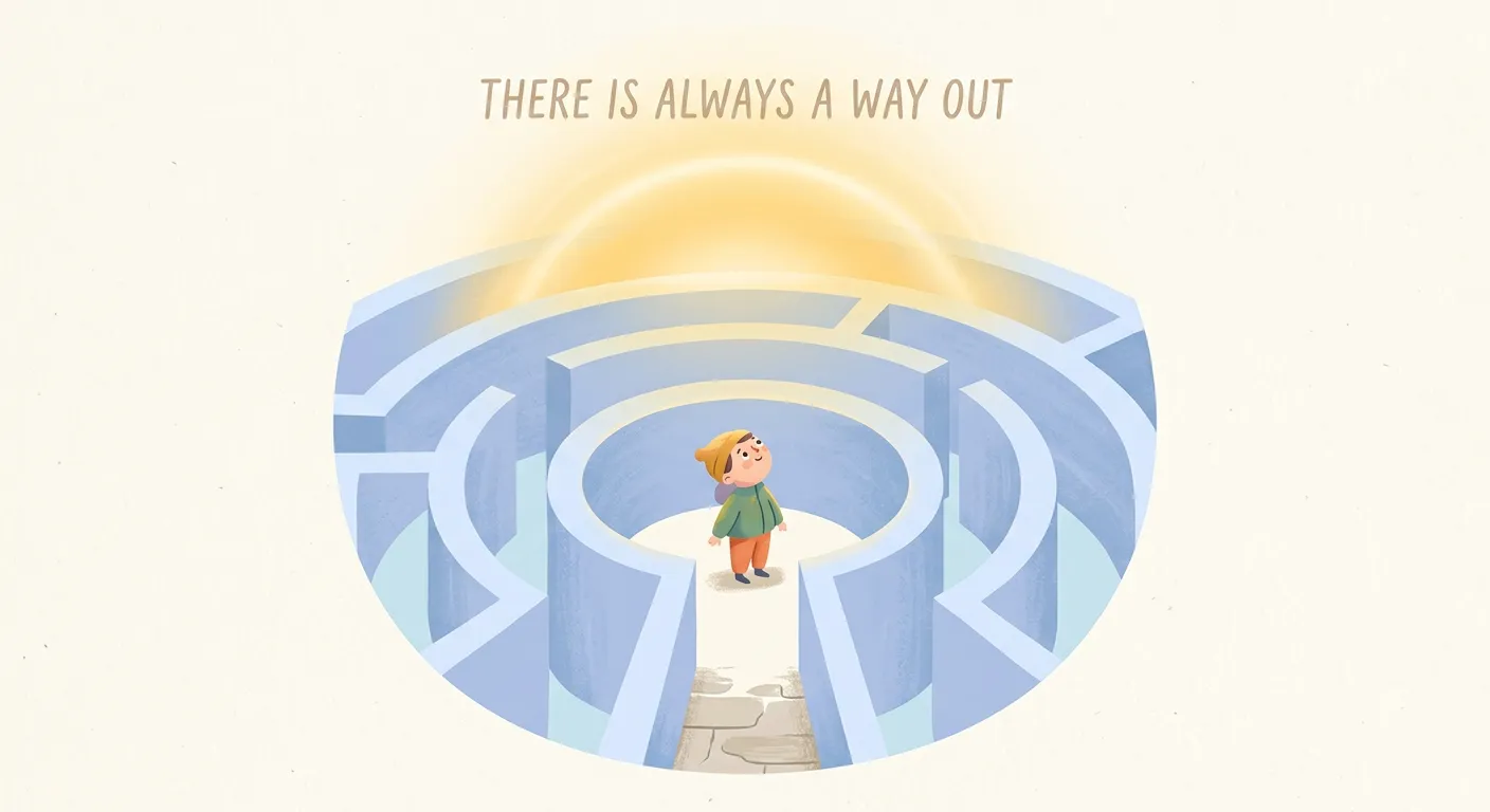 Ilustración de un personaje en un laberinto mirando hacia una luz dorada arriba
