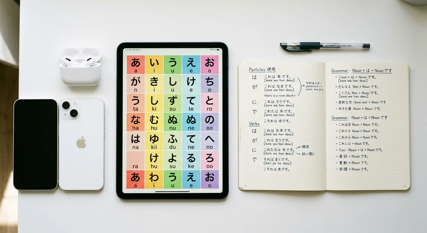 Tres elementos esenciales del aprendizaje japonés sobre un escritorio blanco: tablet con hiragana, cuaderno de gramática y auriculares