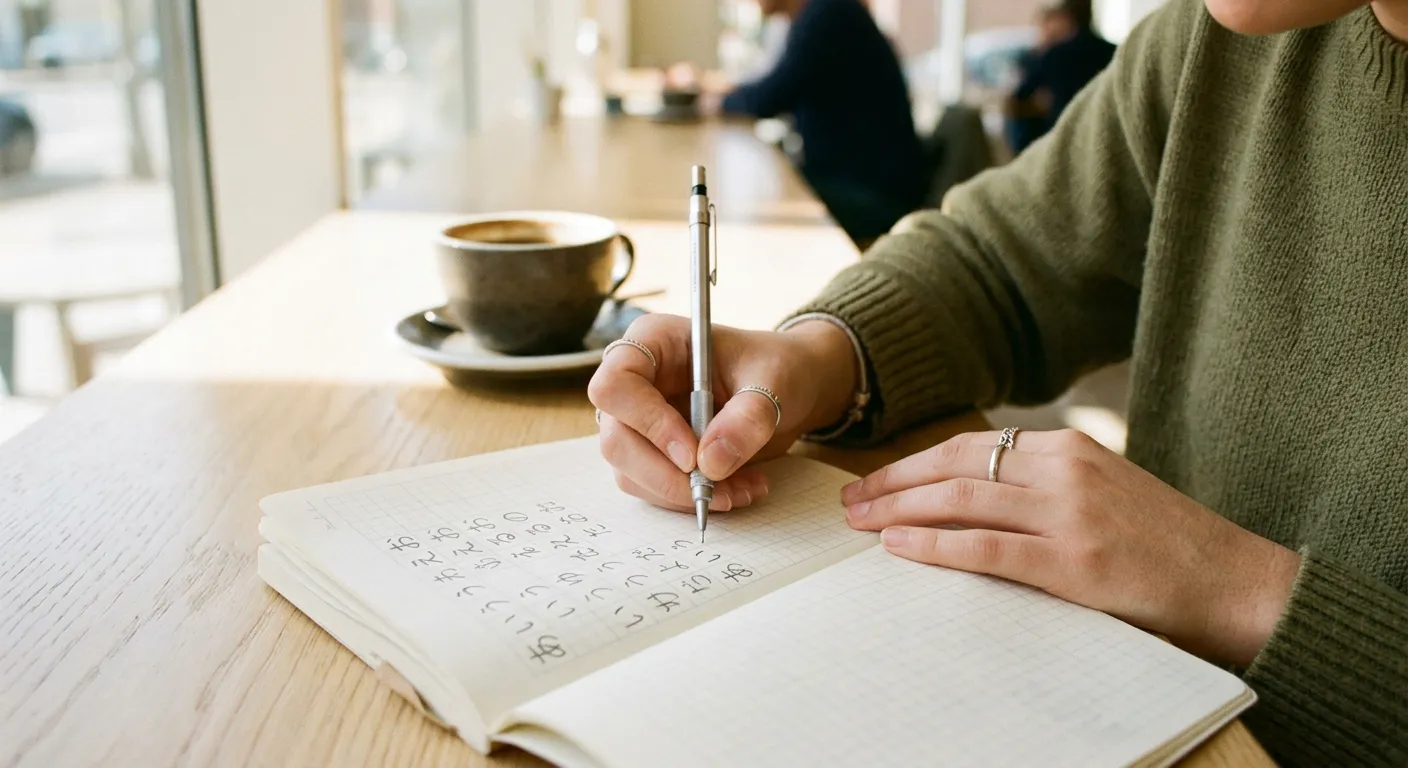 Manos de joven castellana escribiendo caracteres hiragana en un cuaderno de práctica con lápiz mecánico