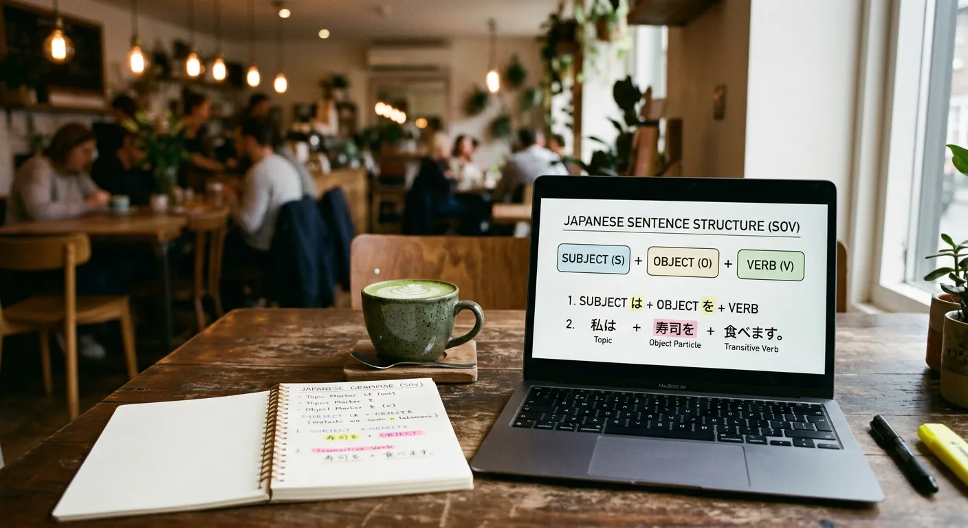 Mesa de cafetería con laptop mostrando estructura gramatical japonesa y notas manuscritas