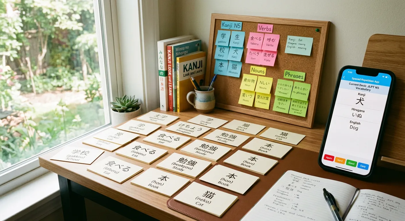 Escritorio de estudio con tarjetas de vocabulario japonés y app de repetición espaciada en smartphone
