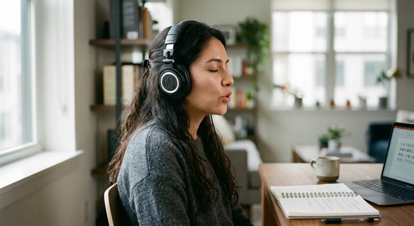 Joven castellana con auriculares practicando pronunciación japonesa con expresión concentrada