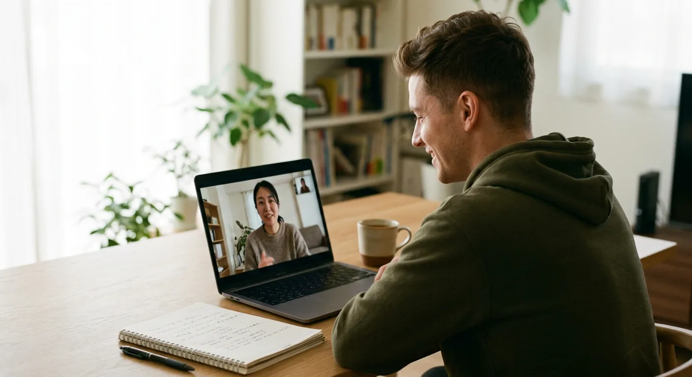 Joven teniendo una clase de conversación japonesa online con tutor en la pantalla del laptop