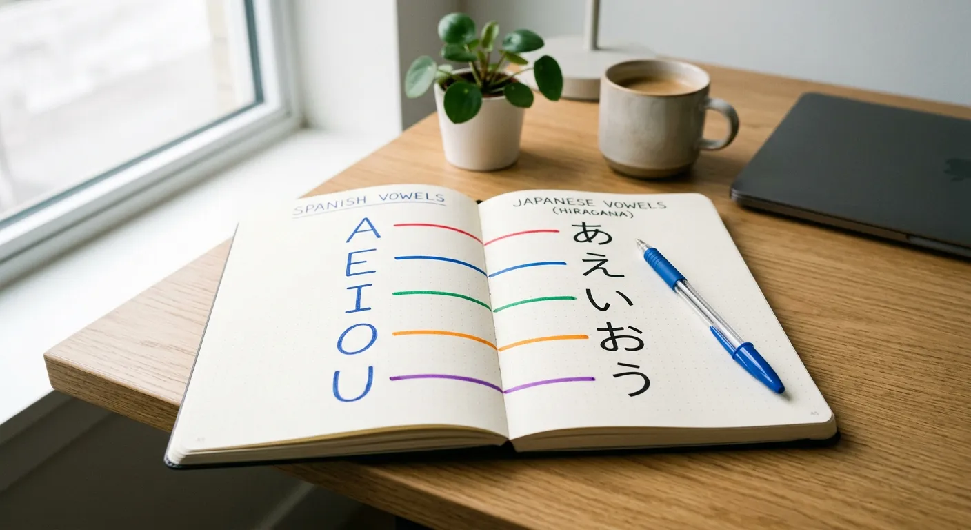 Cuaderno abierto comparando las vocales españolas y japonesas con líneas de colores conectándolas