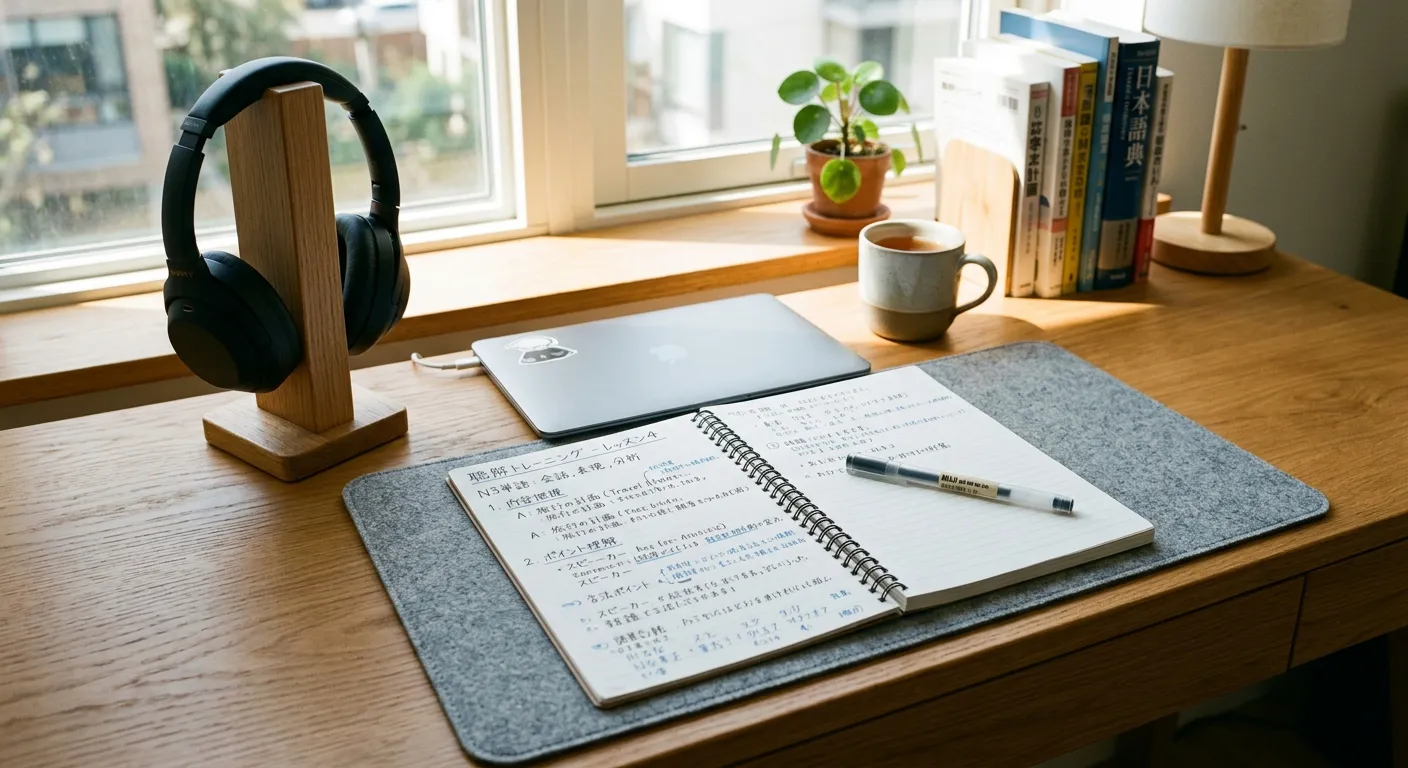 Escritorio moderno con auriculares y cuaderno con notas de escucha en japonés