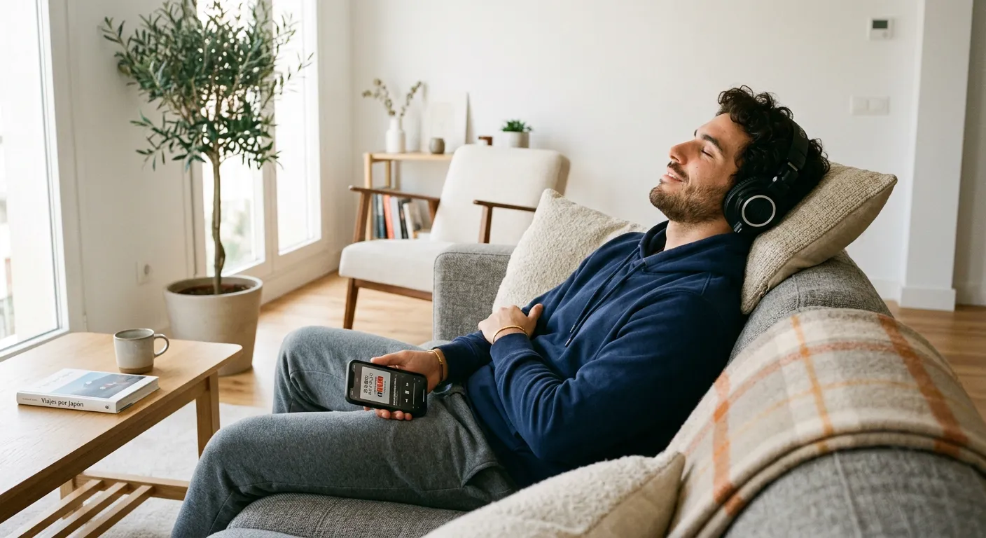 Joven castellano relajado en sofá escuchando podcast japonés con auriculares