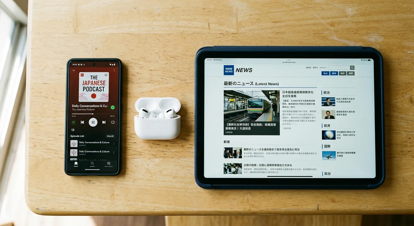 Smartphone con app de podcast, tablet con NHK News y auriculares inalámbricos