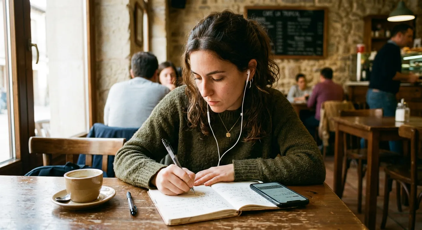 Joven castellana tomando notas en cafetería mientras escucha audio japonés