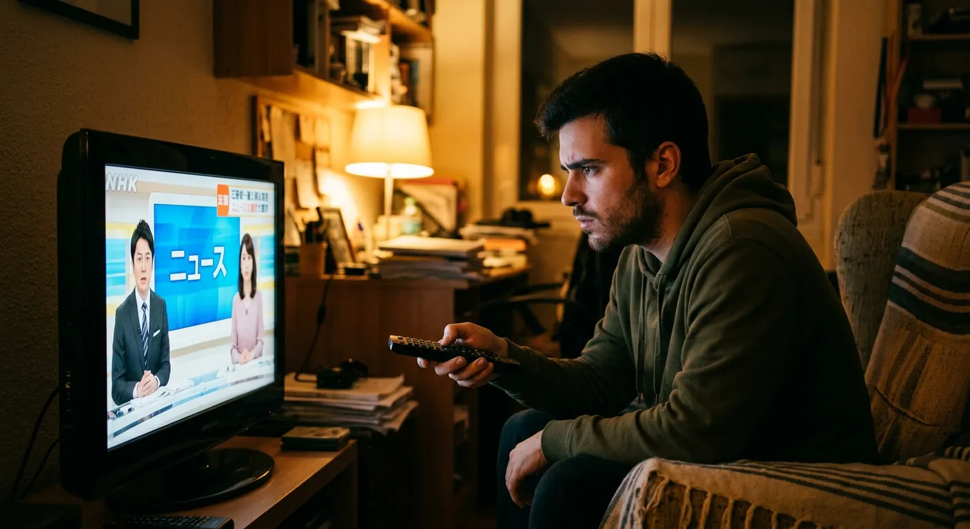 Joven castellano viendo noticias japonesas en TV con expresión concentrada