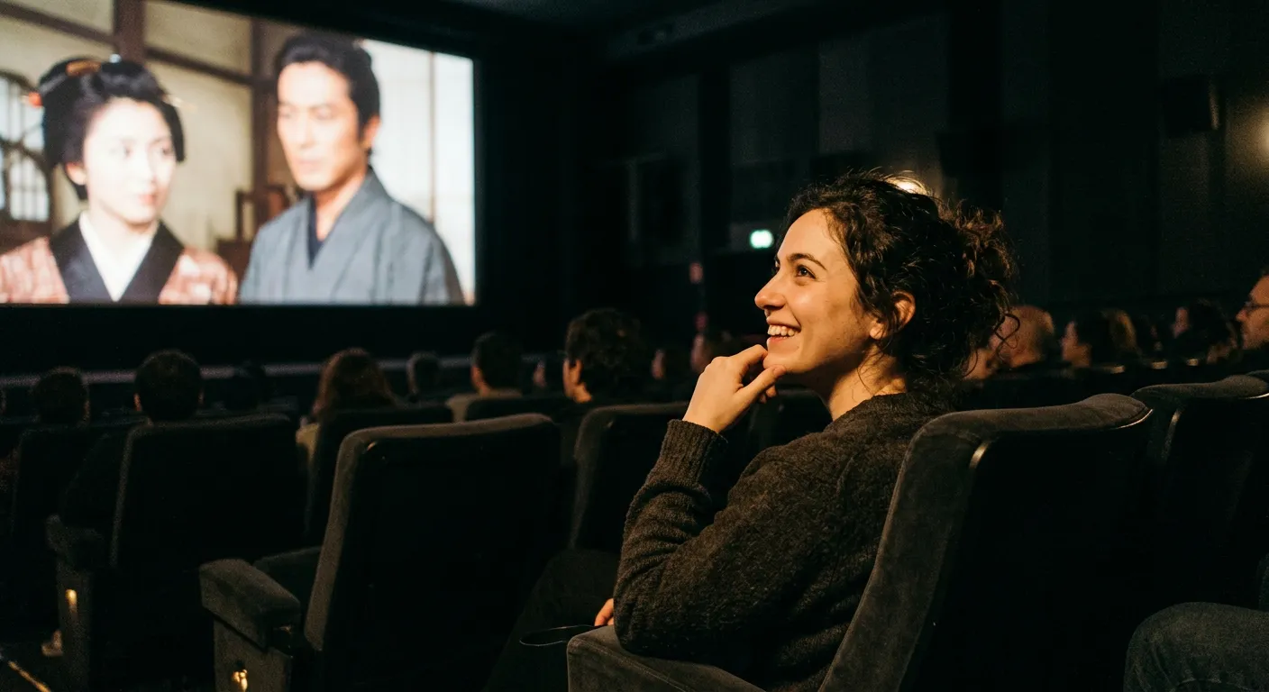 Joven castellana disfrutando película japonesa sin subtítulos en cine