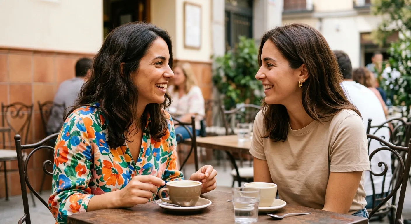 Dos mujeres hispanohablantes conversando con contacto visual directo y sonrisas cálidas en una terraza