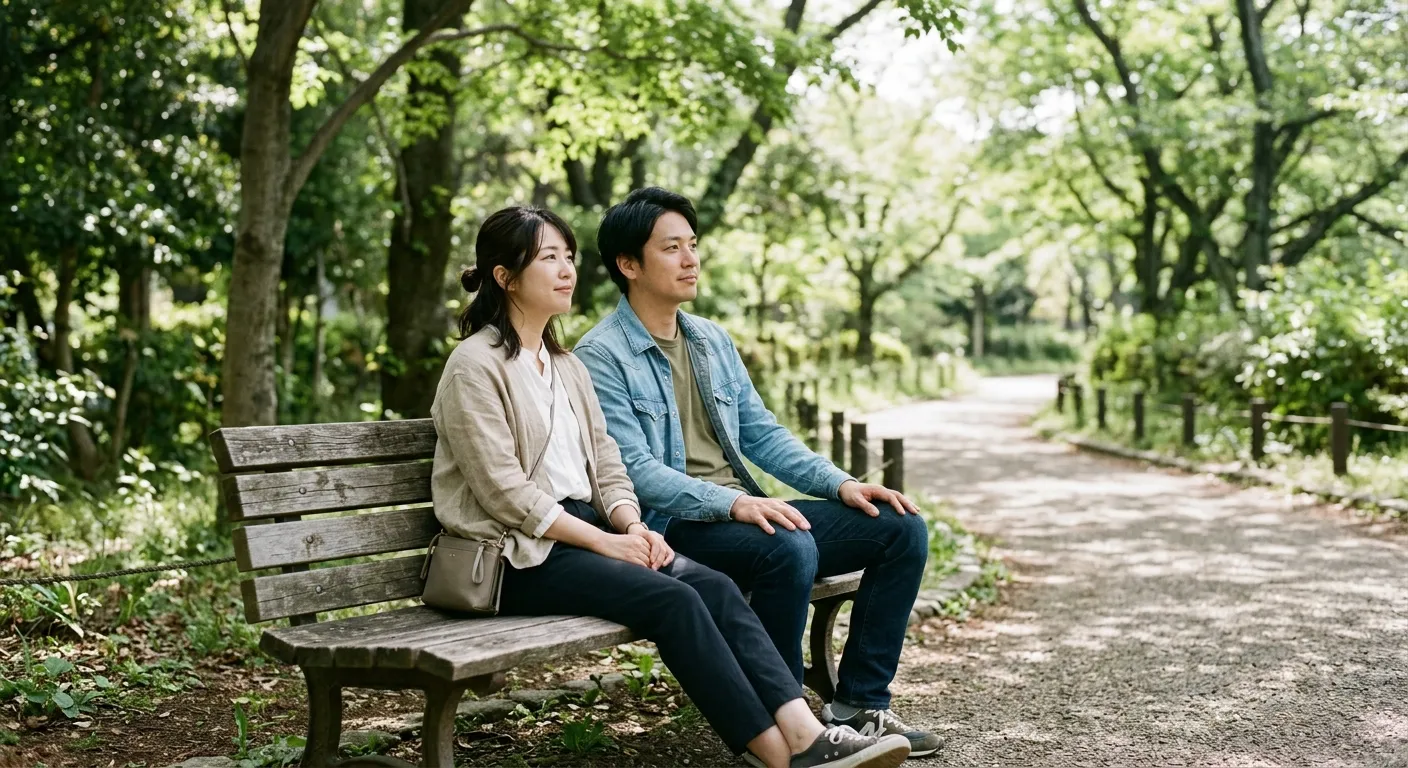 Dos personas japonesas conversando sentadas en un banco sin mirarse directamente, en cómoda armonía