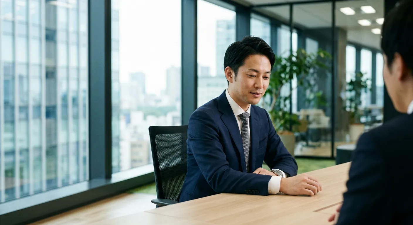 Profesional japonés escuchando atentamente en una reunión con mirada respetuosamente moderada