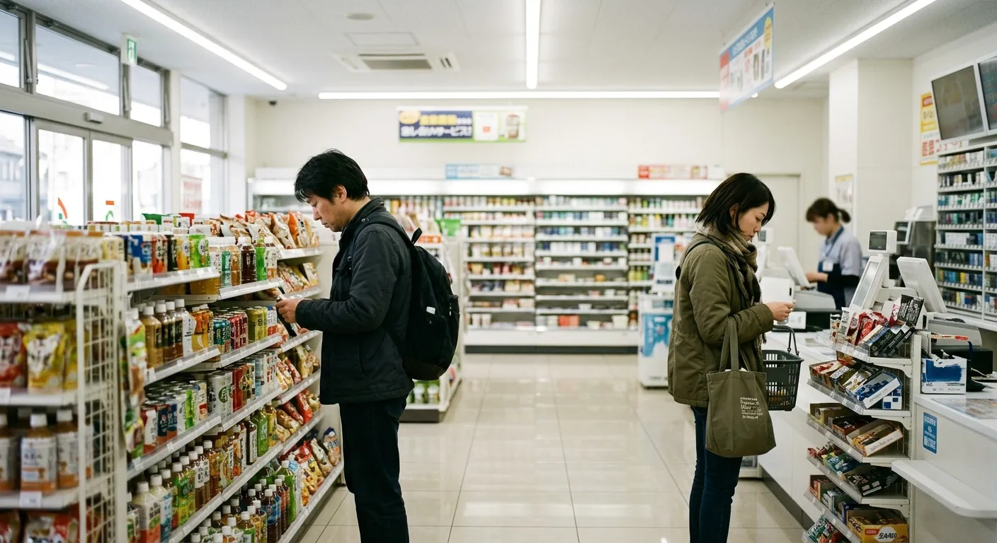 Interior de un conbini de Tokio con clientes coexistiendo en respetuoso silencio sin contacto visual