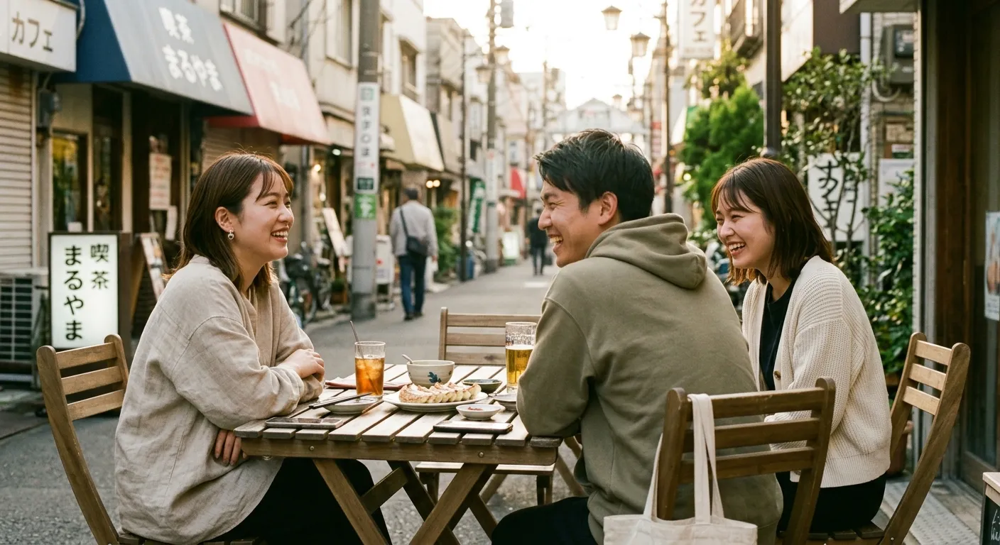 Tres amigos japoneses conversando alegremente en una terraza con miradas relajadas y naturales
