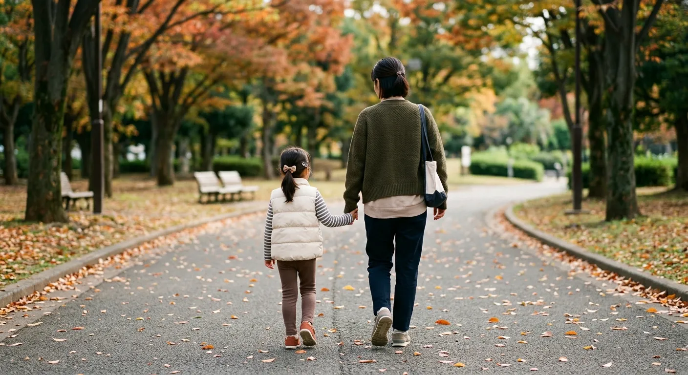 Madre japonesa caminando de la mano con su hija pequeña ambas mirando al frente, una escena de educación cultural sutil