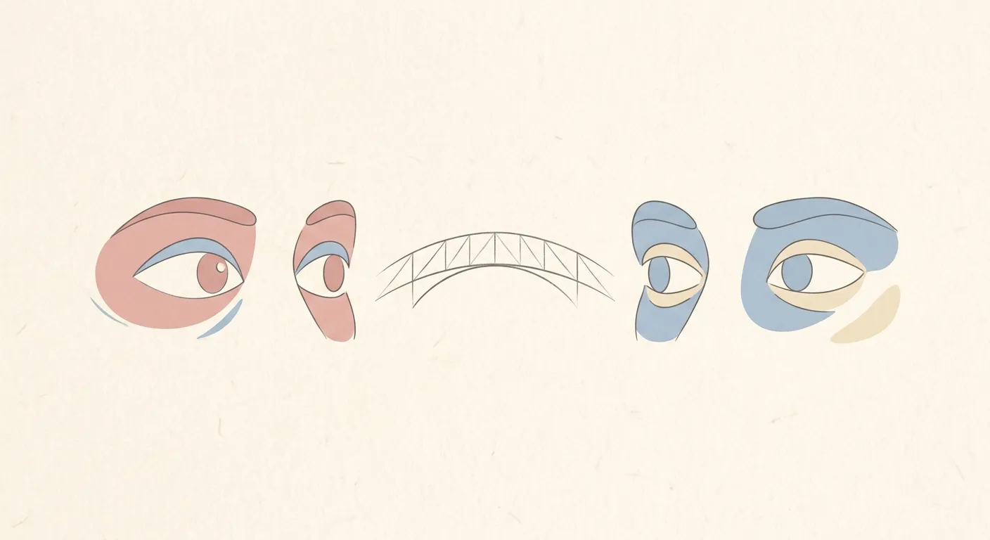 Ilustración editorial de dos pares de ojos conectados por un puente abstracto, simbolizando el entendimiento cultural
