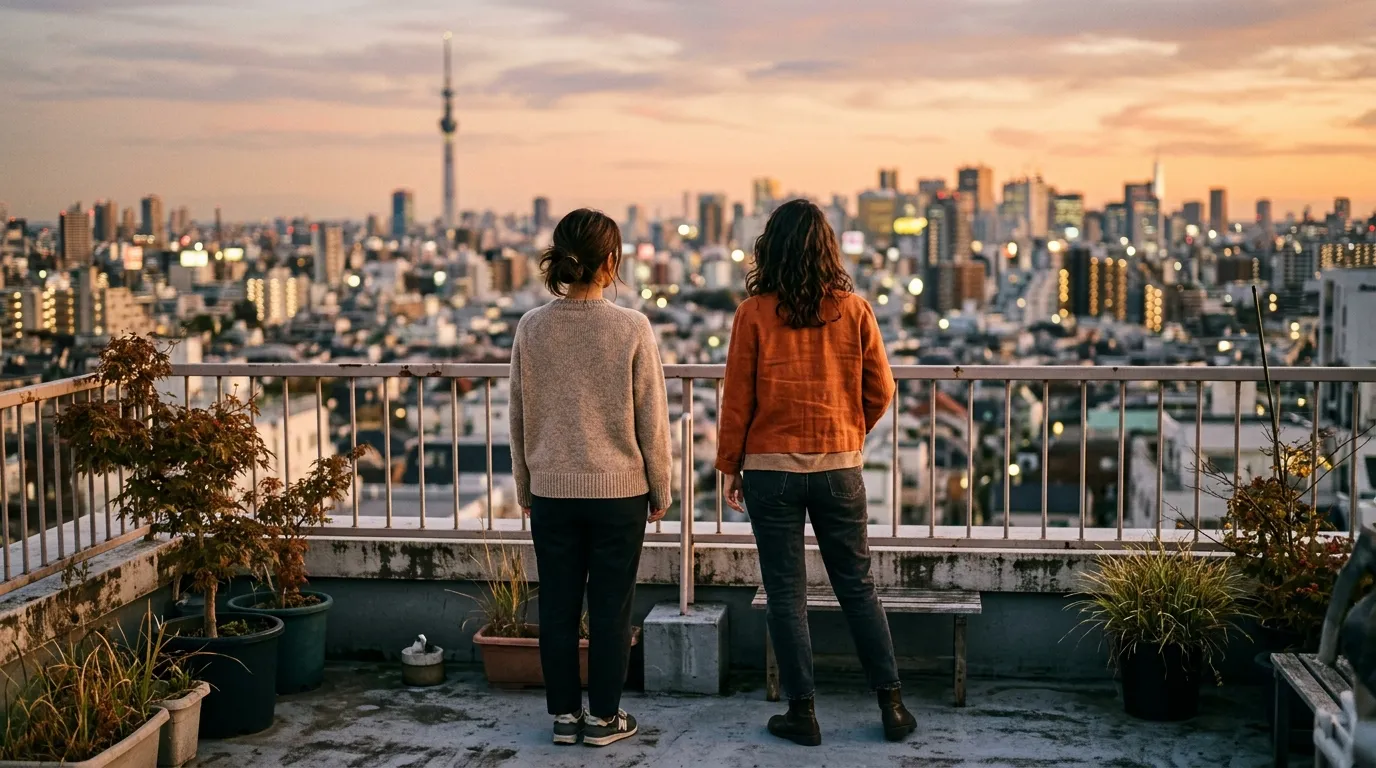Dos figuras una japonesa y una hispanohablante contemplando juntas Tokio al atardecer en silencio respetuoso
