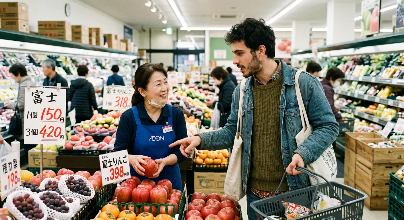 Joven castellano eligiendo frutas en supermercado japonés pidiendo tres