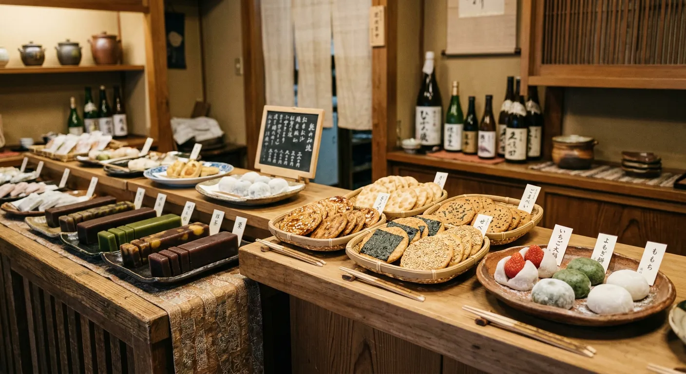 Tienda de wagashi con yokan, senbei y daifuku mostrando diferentes formas