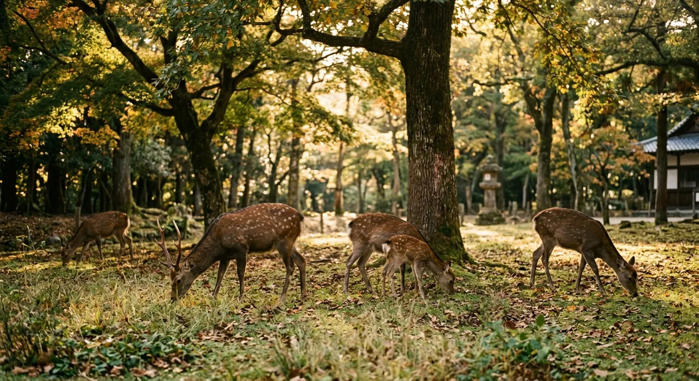 Ciervos pastando en el parque de Nara con luz dorada de la tarde