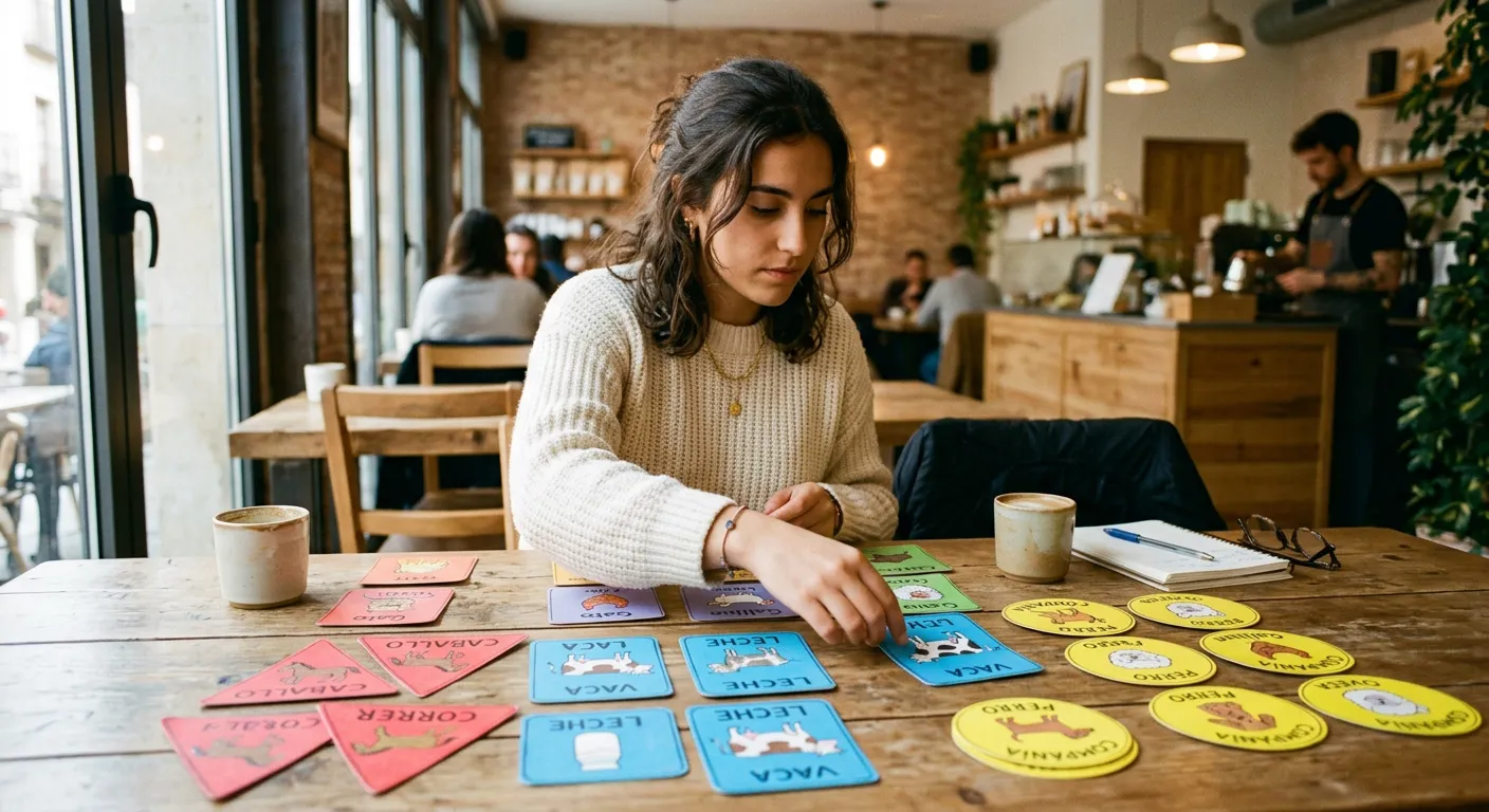 Joven castellana organizando tarjetas de clasificación por categoría en café moderno