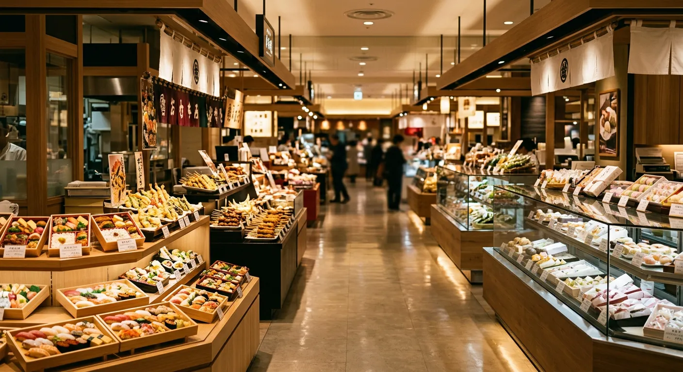 Depachika de grandes almacenes japoneses con alimentos bellamente exhibidos