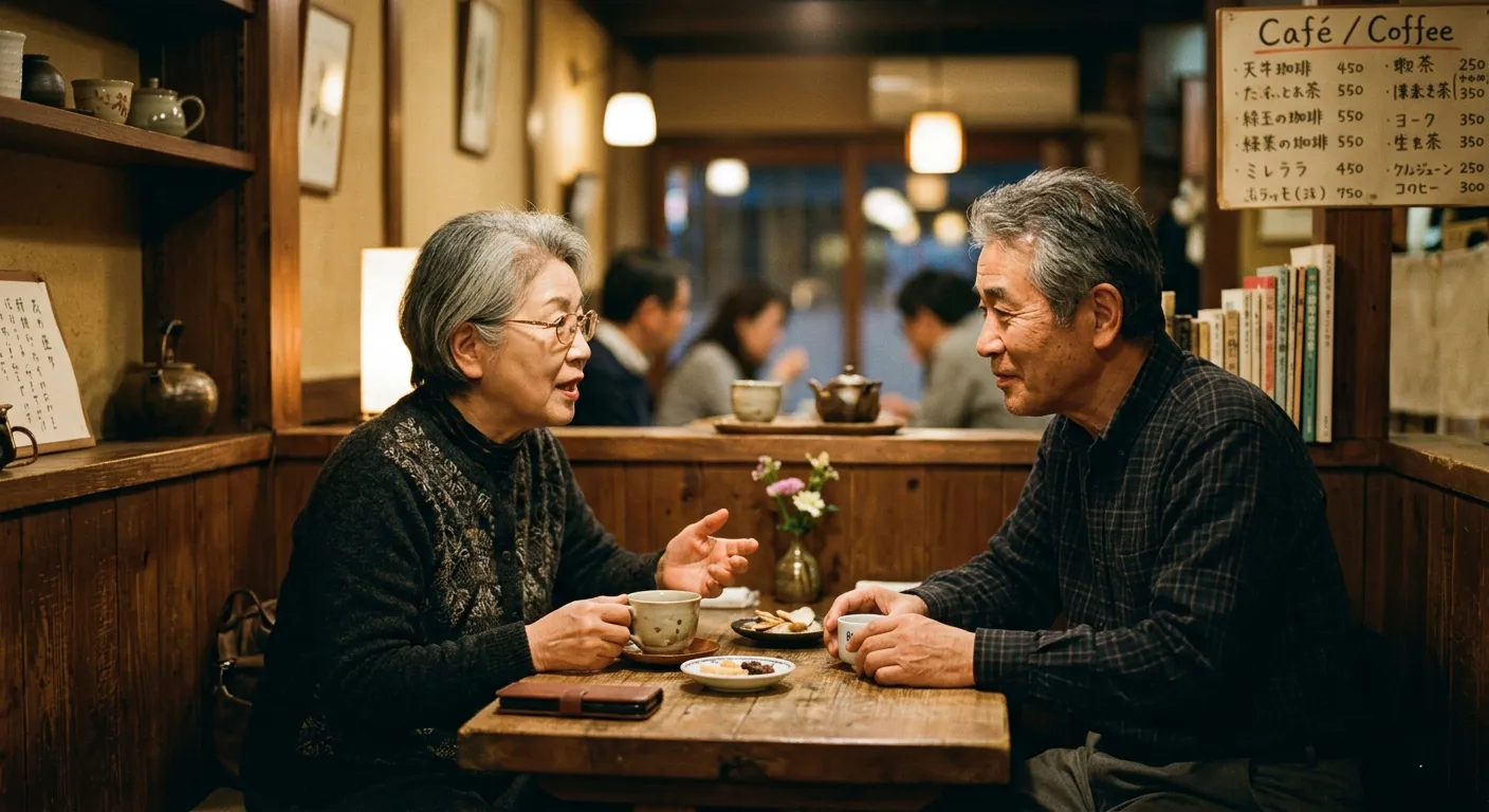 Dos japoneses conversando en un café, uno asintiendo atentamente mientras el otro habla