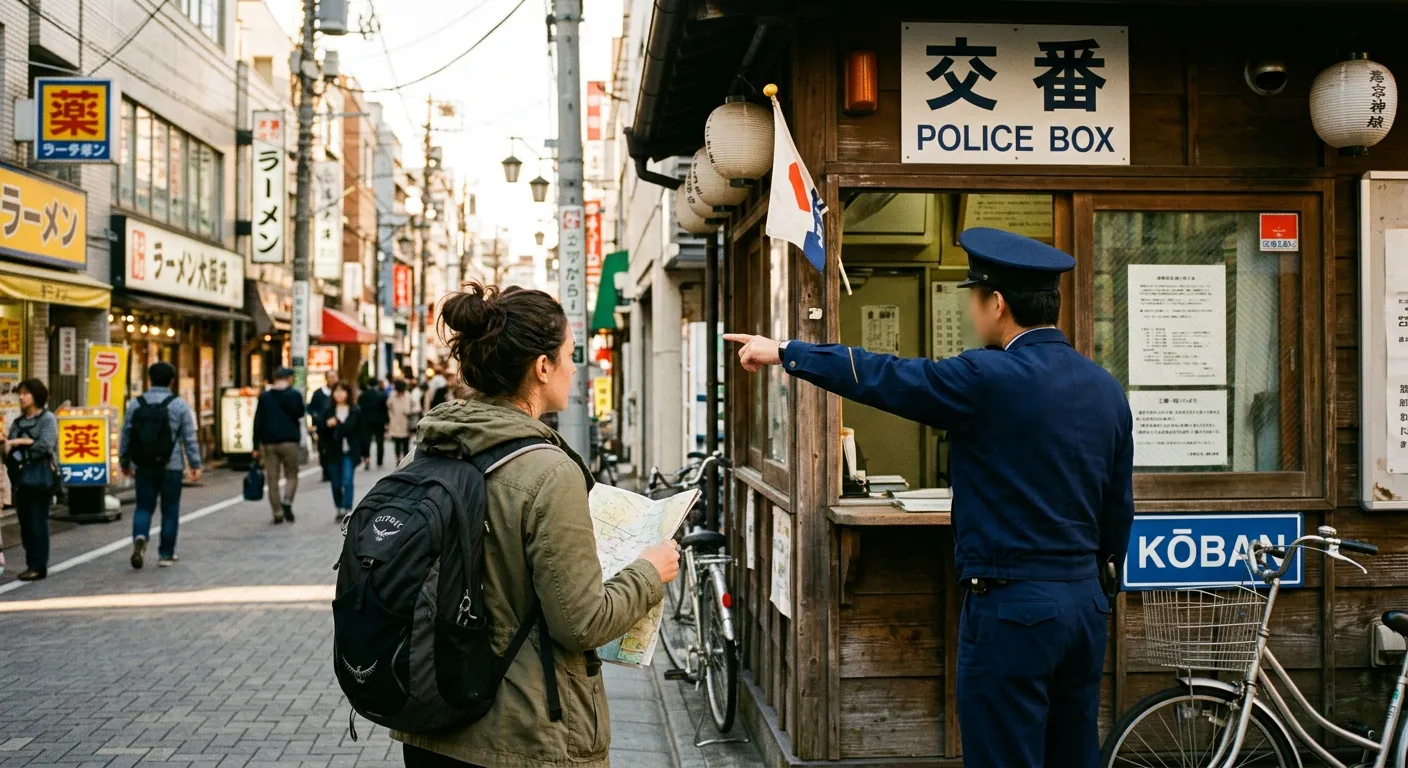 Turista pidiendo indicaciones a un policía en un koban japonés