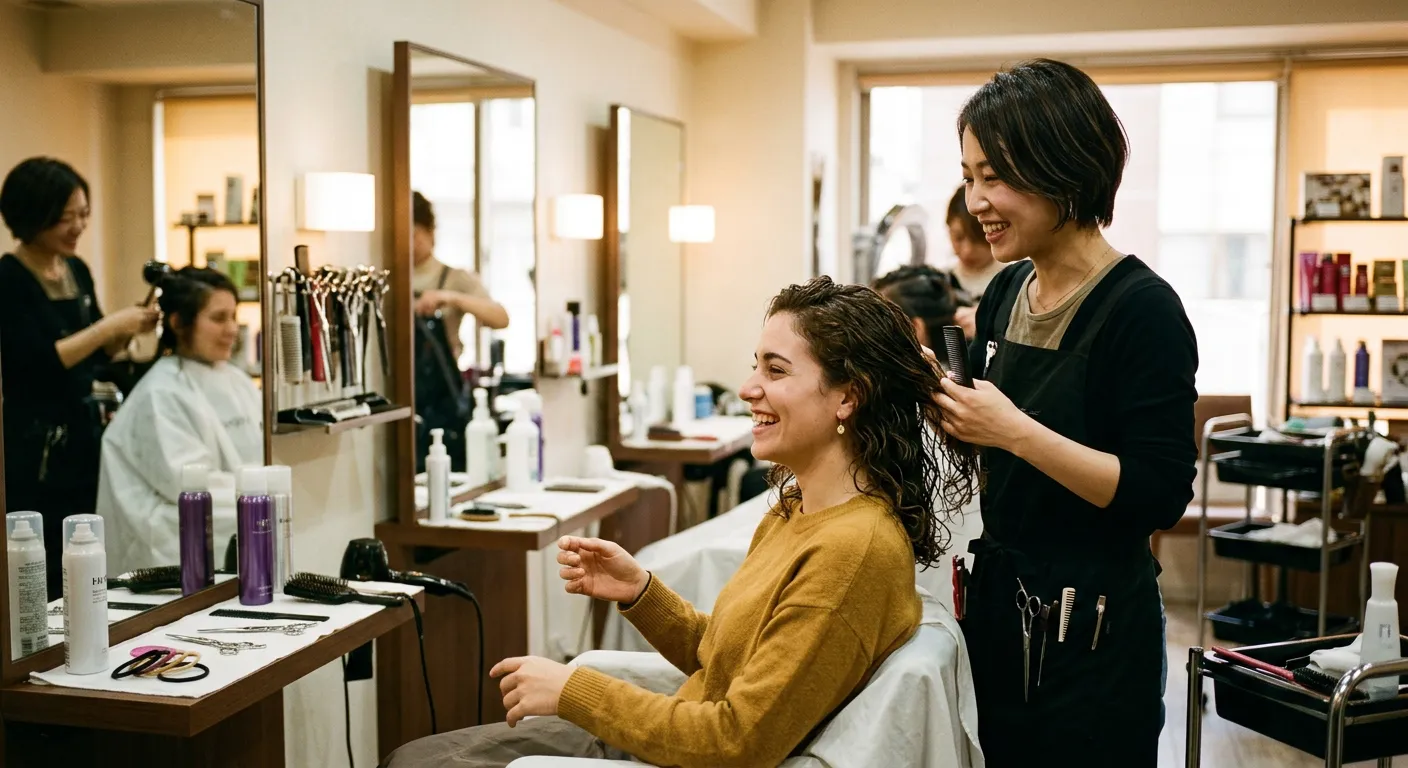Joven castellana conversando con peluquera en un salón de belleza japonés