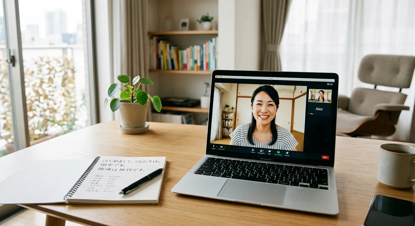 Pantalla de laptop con clase de conversación japonesa online y profesora sonriente