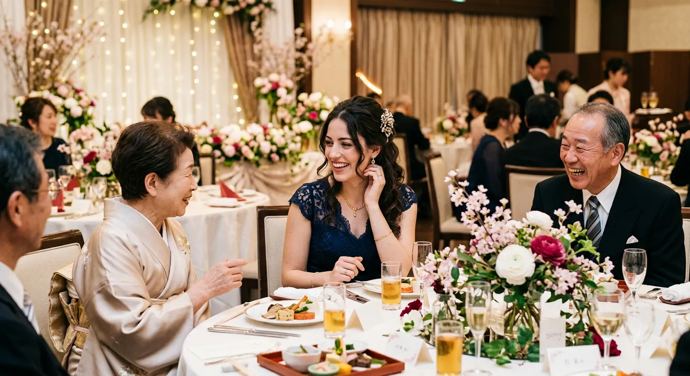 Joven castellana conversando naturalmente con invitados japoneses en una recepción de boda