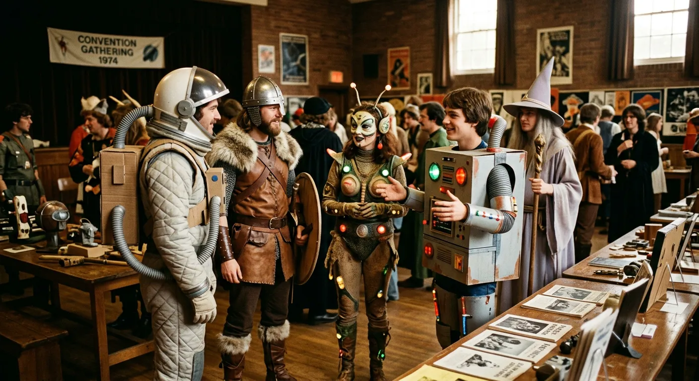 Una escena retro de personas con disfraces caseros, los origenes del cosplay