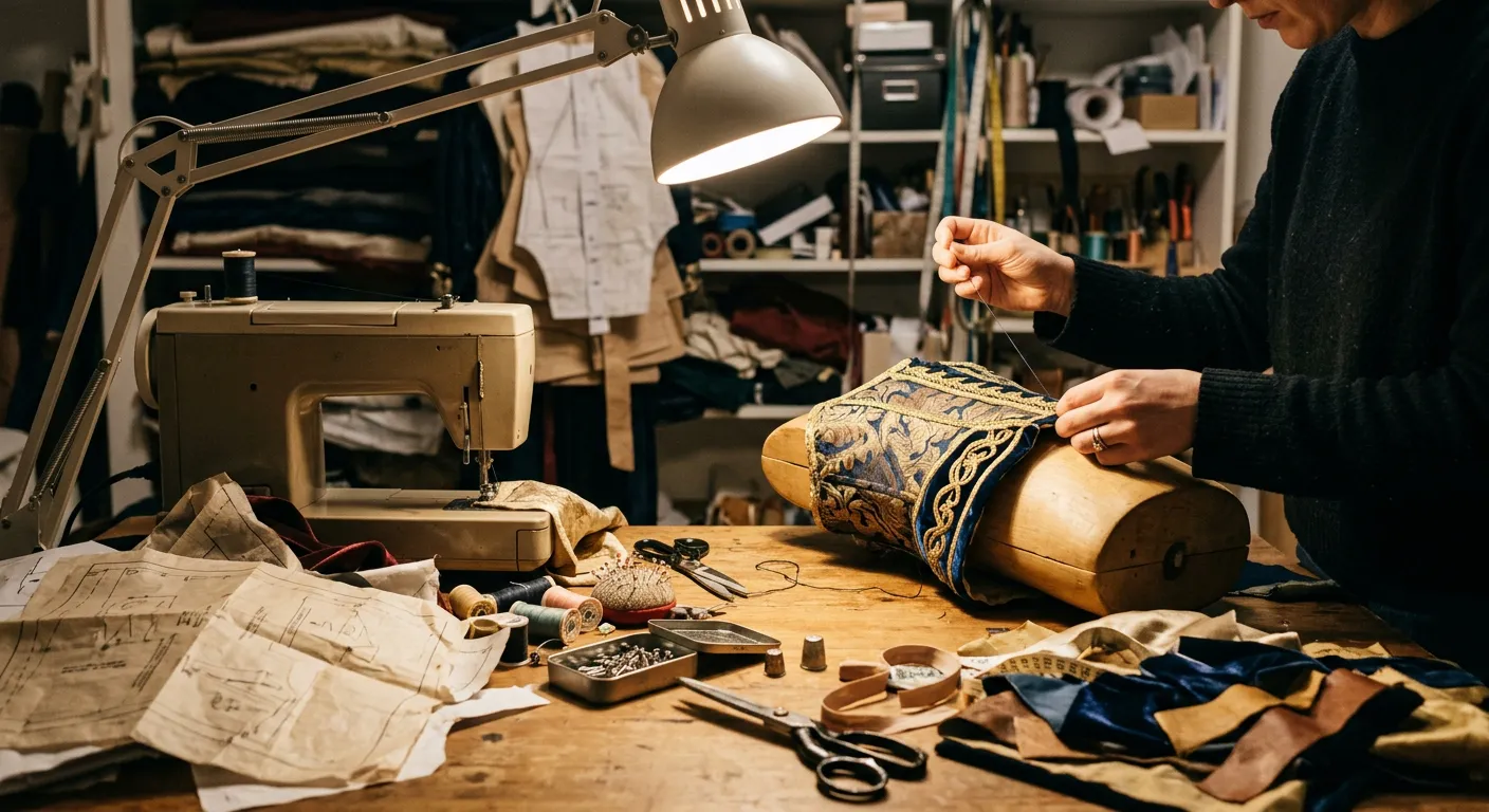 Una mesa de trabajo con tela, patrones y herramientas para hacer un disfraz