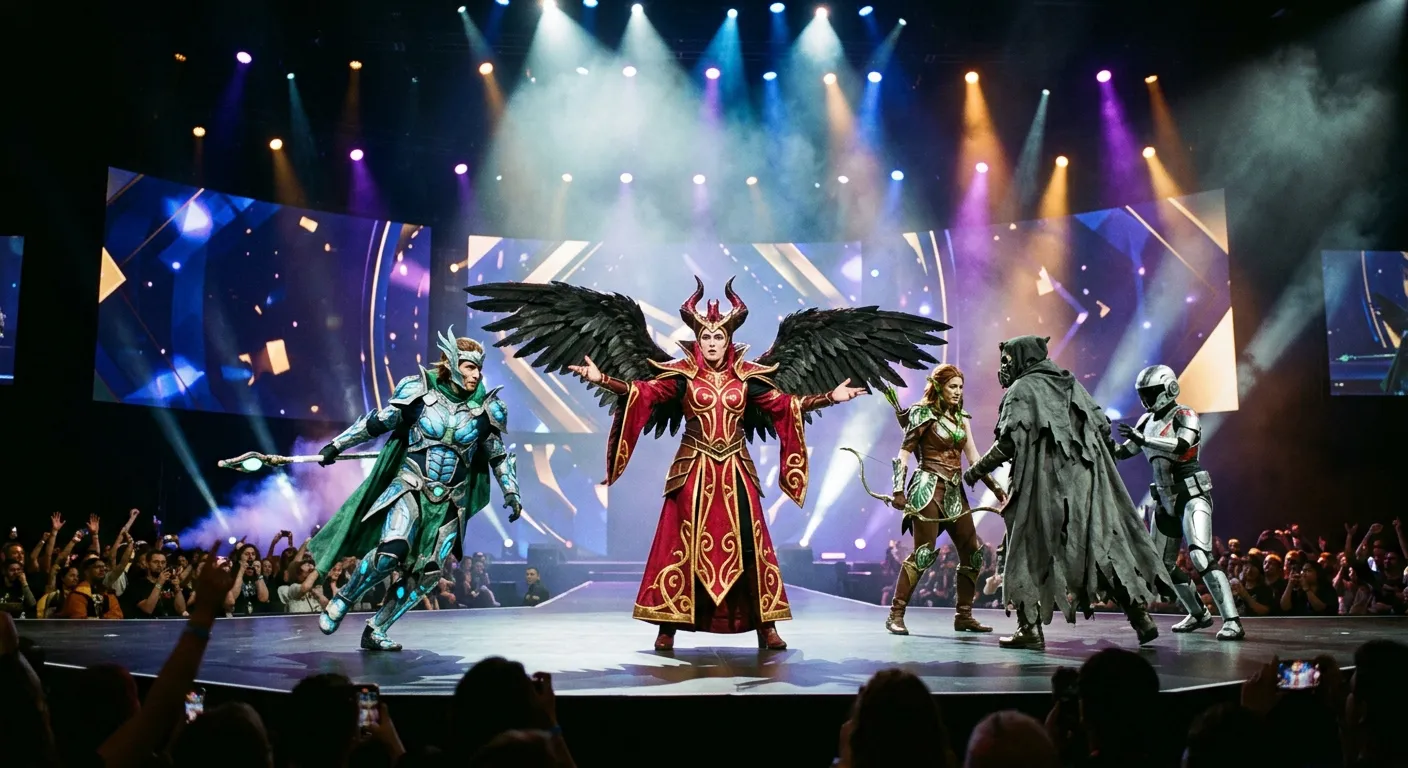 Cosplayers actuan en un gran escenario de campeonato internacional