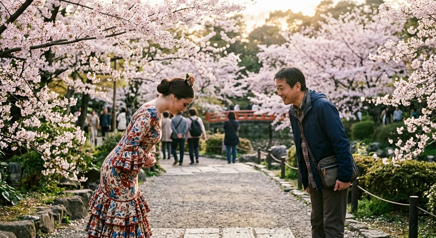 Joven castellana haciendo reverencia a conocida japonesa en parque con cerezos en flor