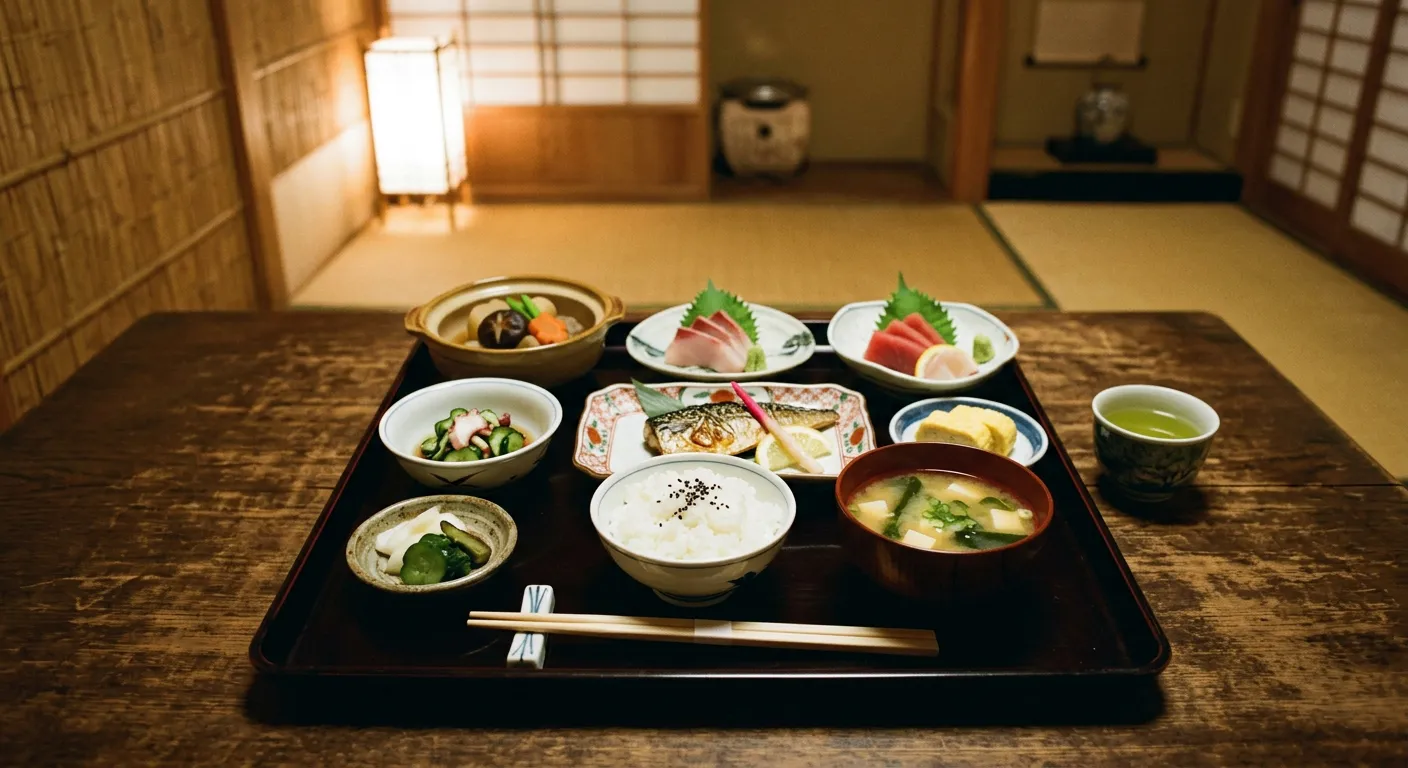 Bandeja de cena washoku en ryokan con platos elegantemente dispuestos y palillos