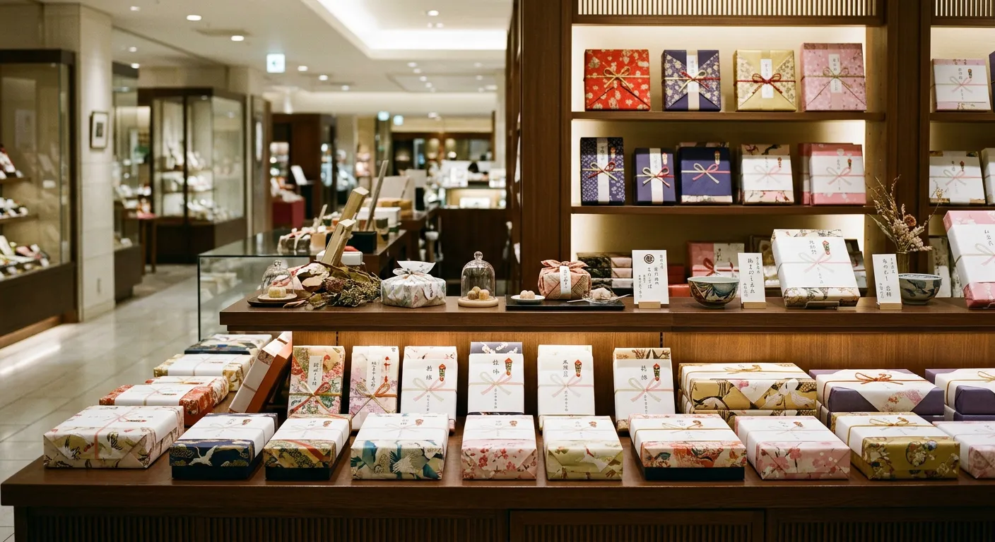 Mostrador de regalos de grandes almacenes japoneses con cajas bellamente envueltas