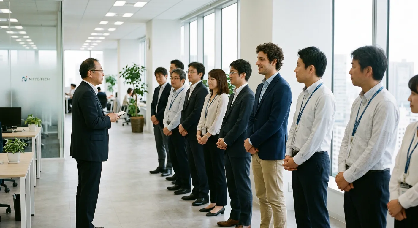 Joven castellano participando en reunión matutina chorei en oficina japonesa moderna