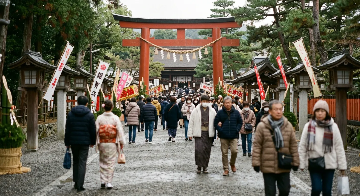 Visita hatsumode de Año Nuevo a santuario japonés con decoraciones y torii