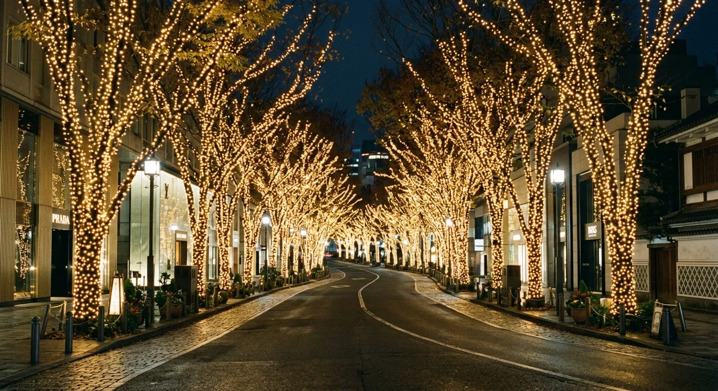 Iluminación navideña de Omotesando en Tokio con árboles zelkova brillando