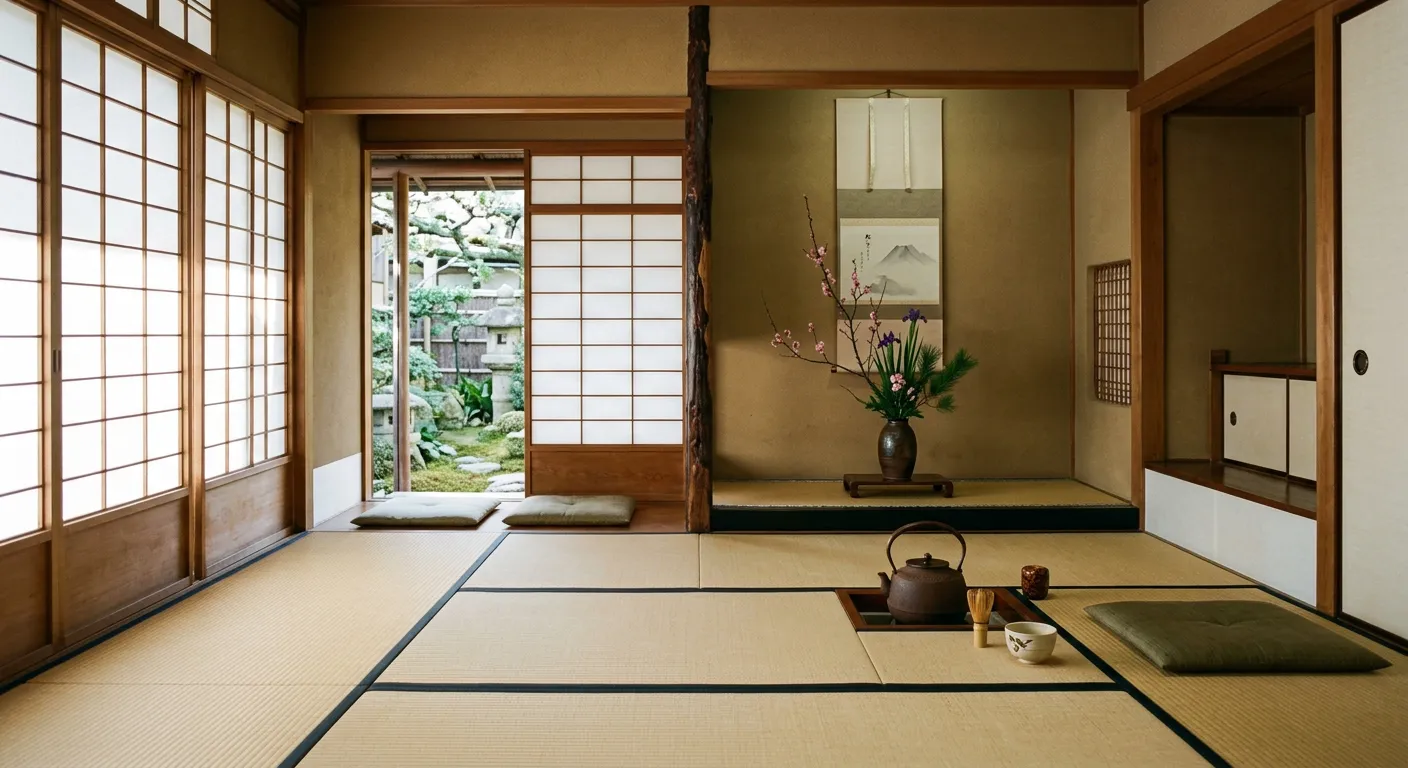 Sala de té japonesa tradicional con tatami, shoji y arreglo ikebana en tokonoma