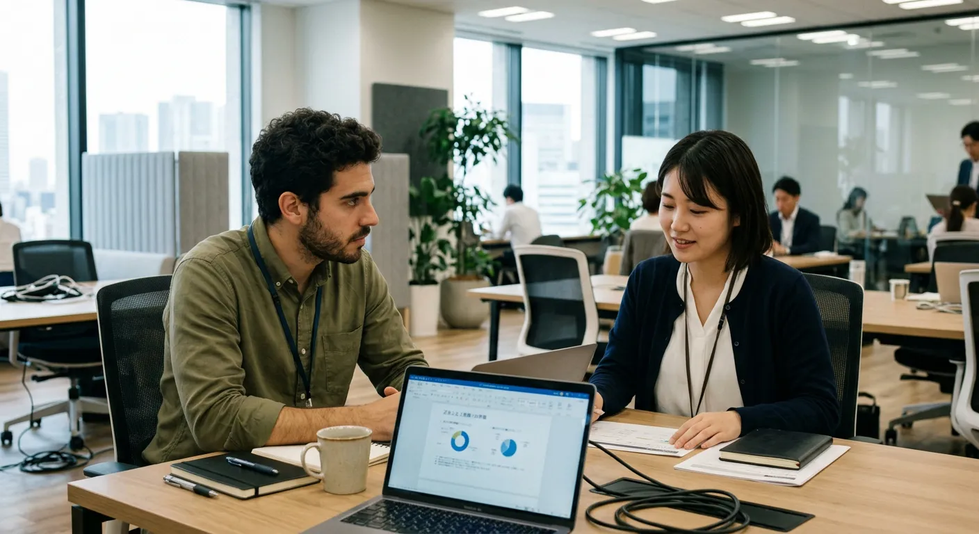 Joven castellano en oficina japonesa leyendo las expresiones sutiles de un colega