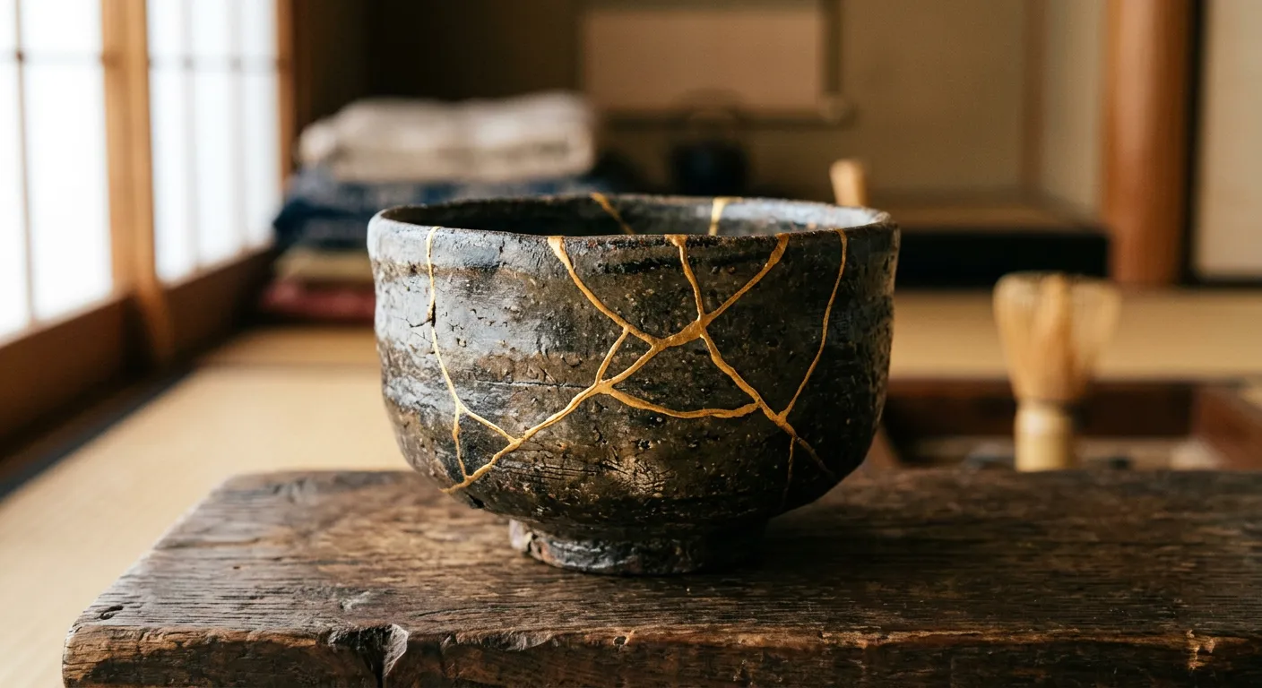 Primer plano de taza de té con grietas reparadas con kintsugi dorado