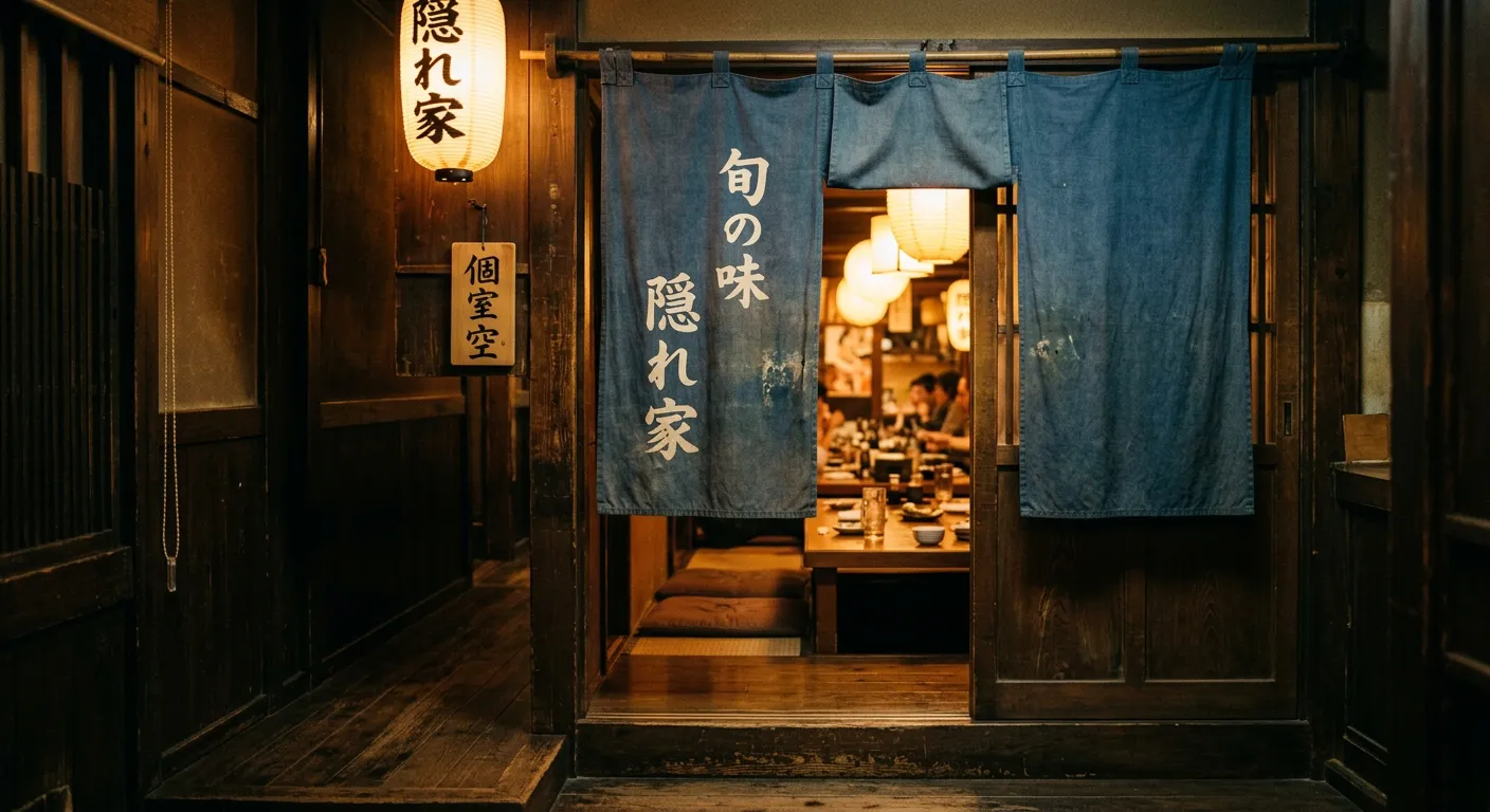 Entrada de sala privada de izakaya con cortina noren y voces animadas al fondo