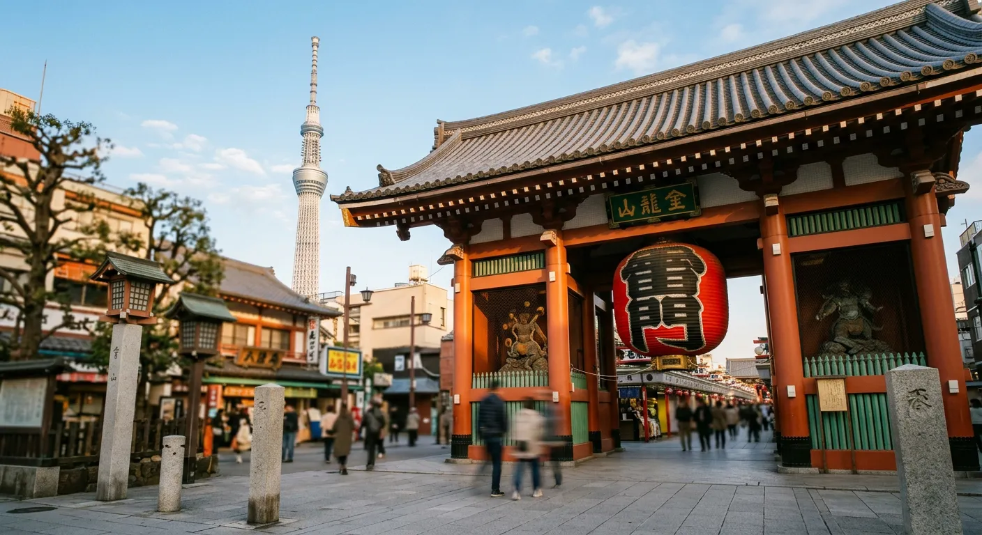 Puerta Kaminarimon de Asakusa con Tokyo Skytree visible al fondo