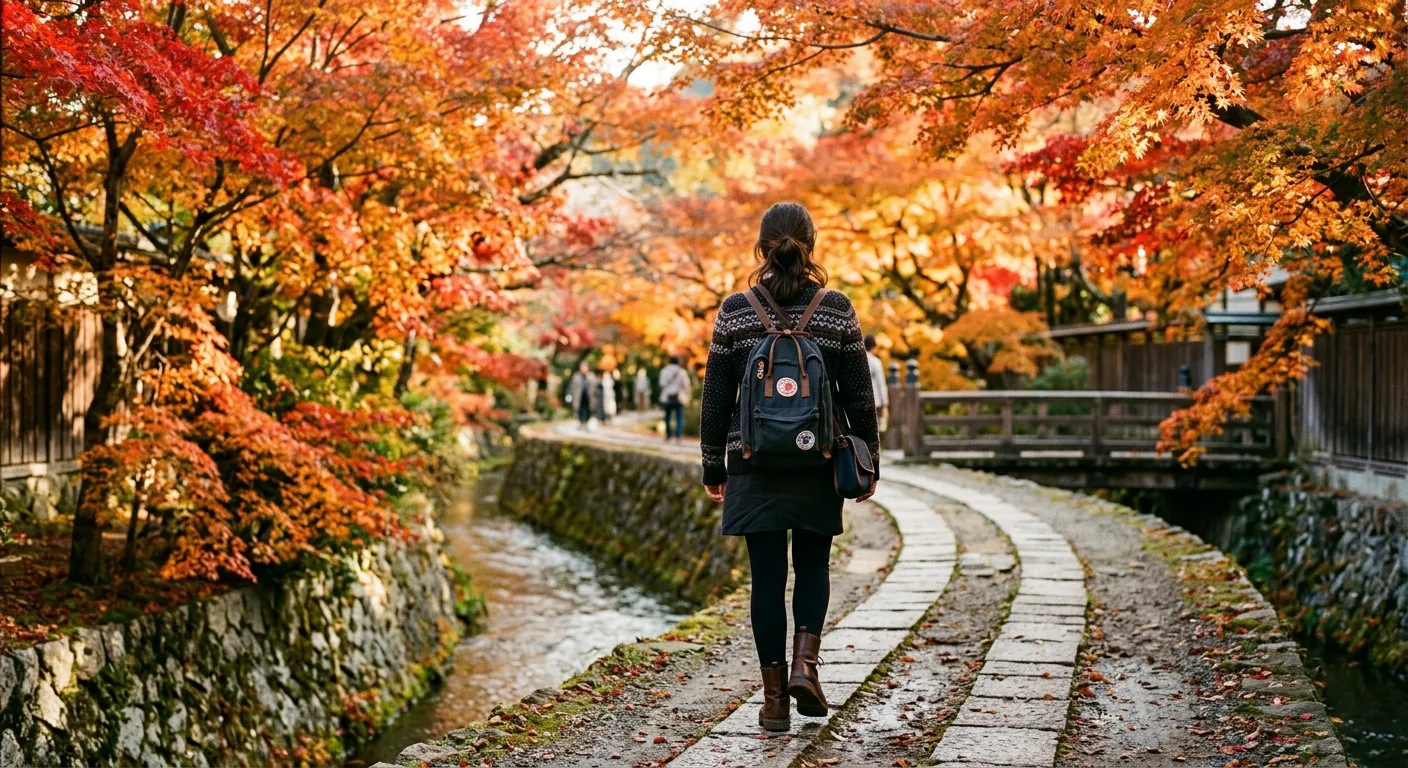 Joven castellana caminando por el Camino del Filósofo en Kioto en otoño