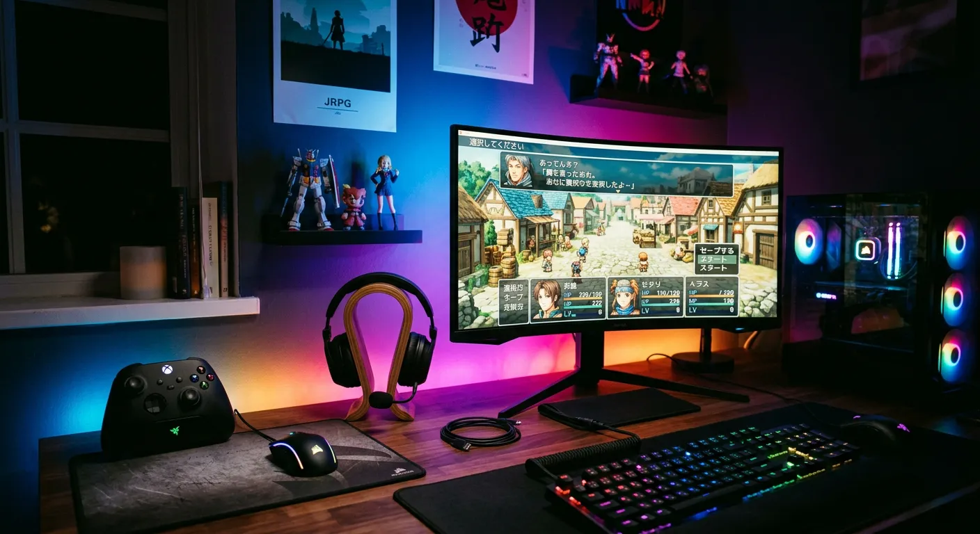 Setup gaming moderno con monitor mostrando RPG japonés con texto en japonés